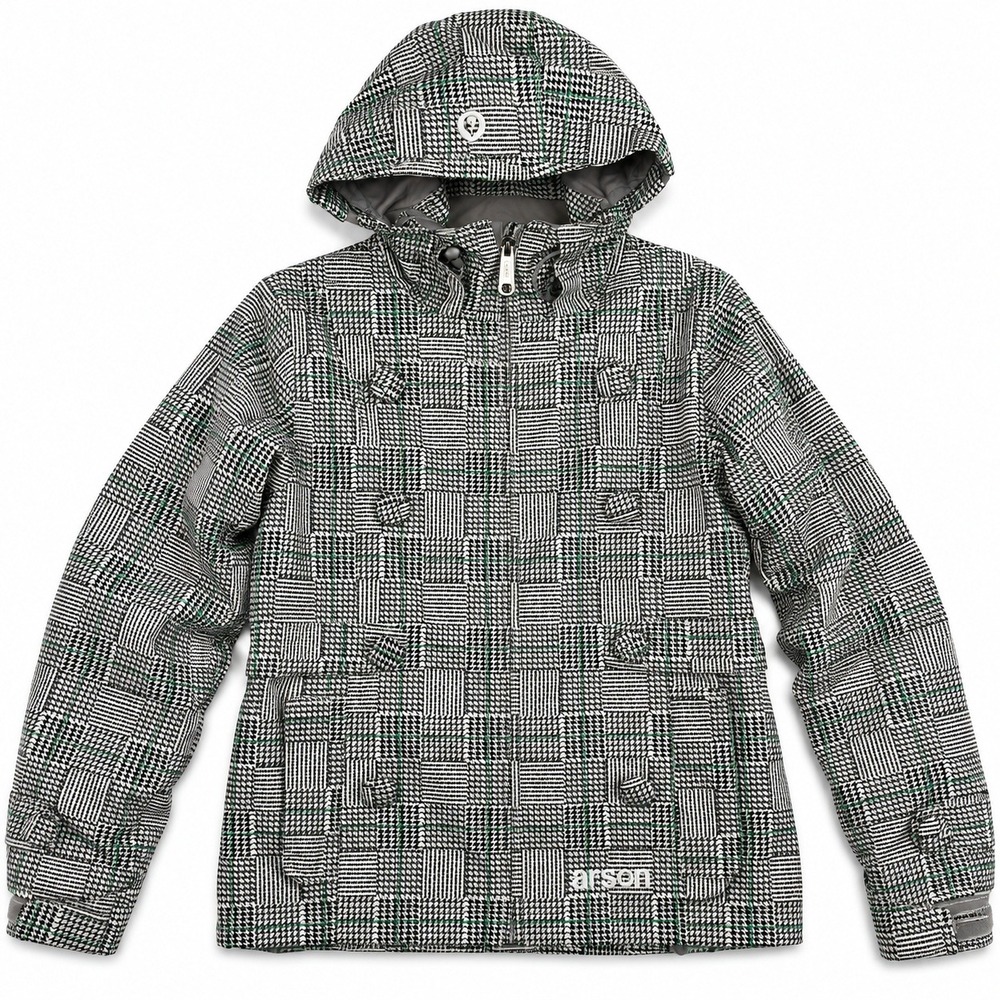 Arson Snowboard Jacket Women Small Black White Plaid Hooded Powder Skirt Coat
